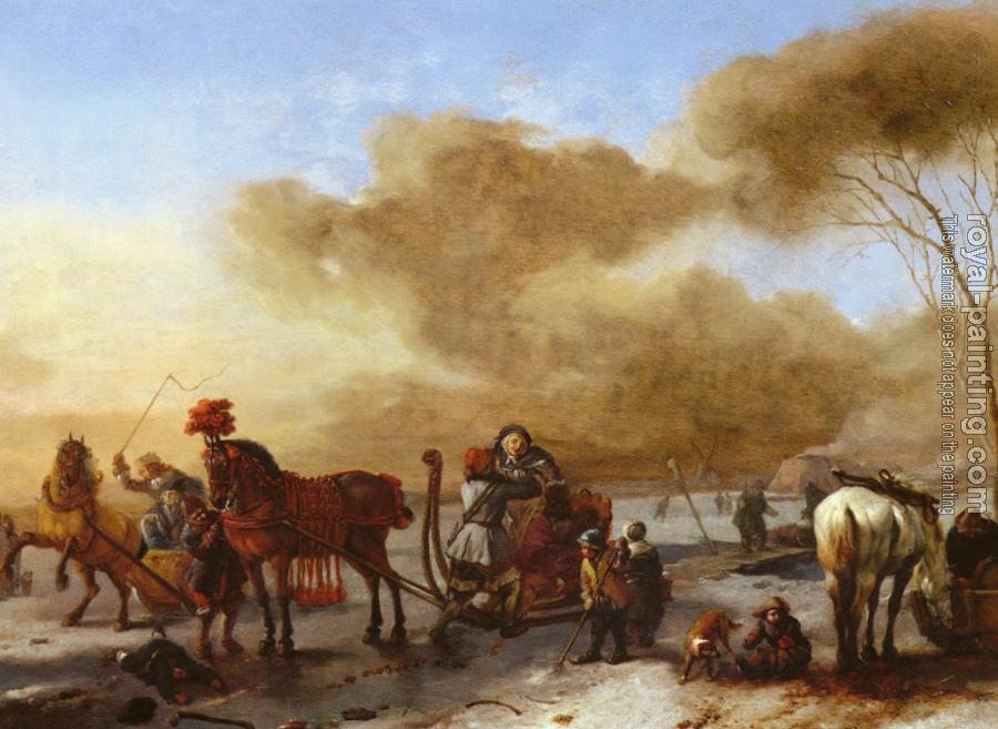 Philips Wouwerman : A Winter Landscape With Horse-Drawn Sleds